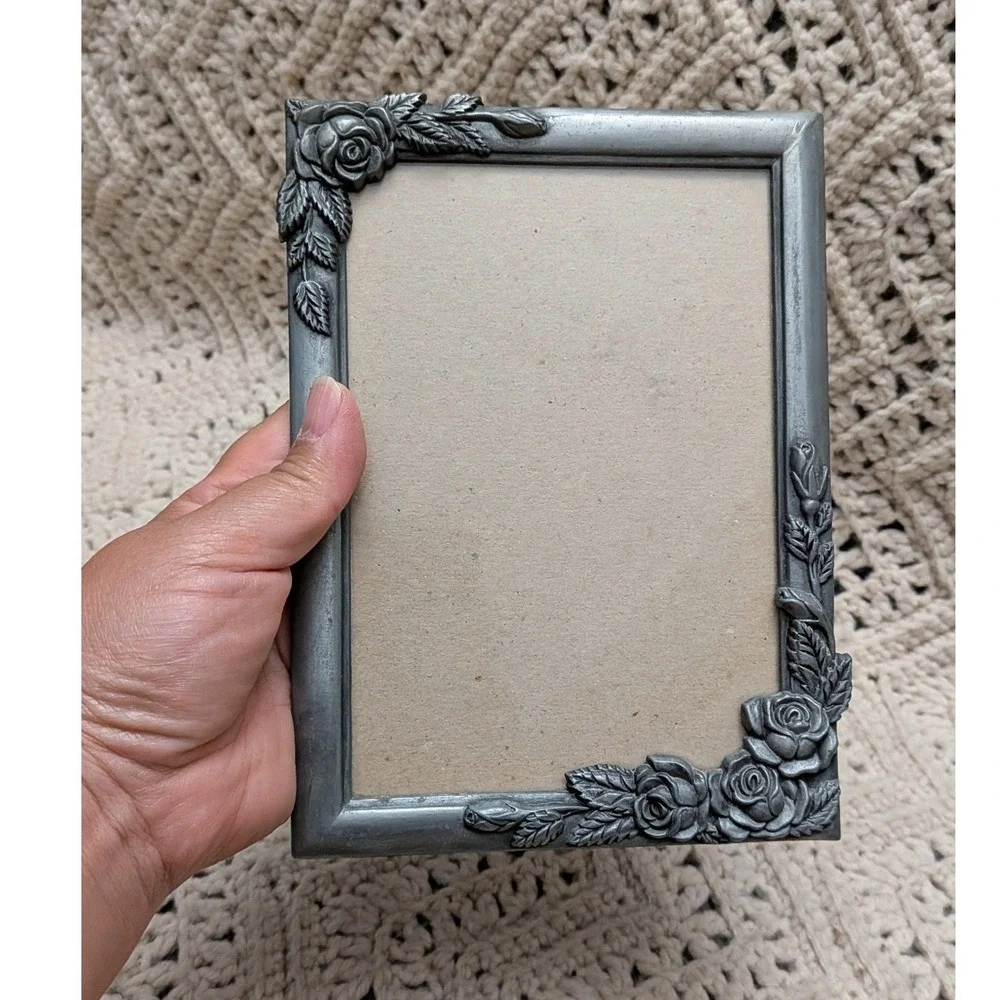 Roman Inc Vintage Pewter Tone Rose Floral Picture Frame 4.5x6.5 92282